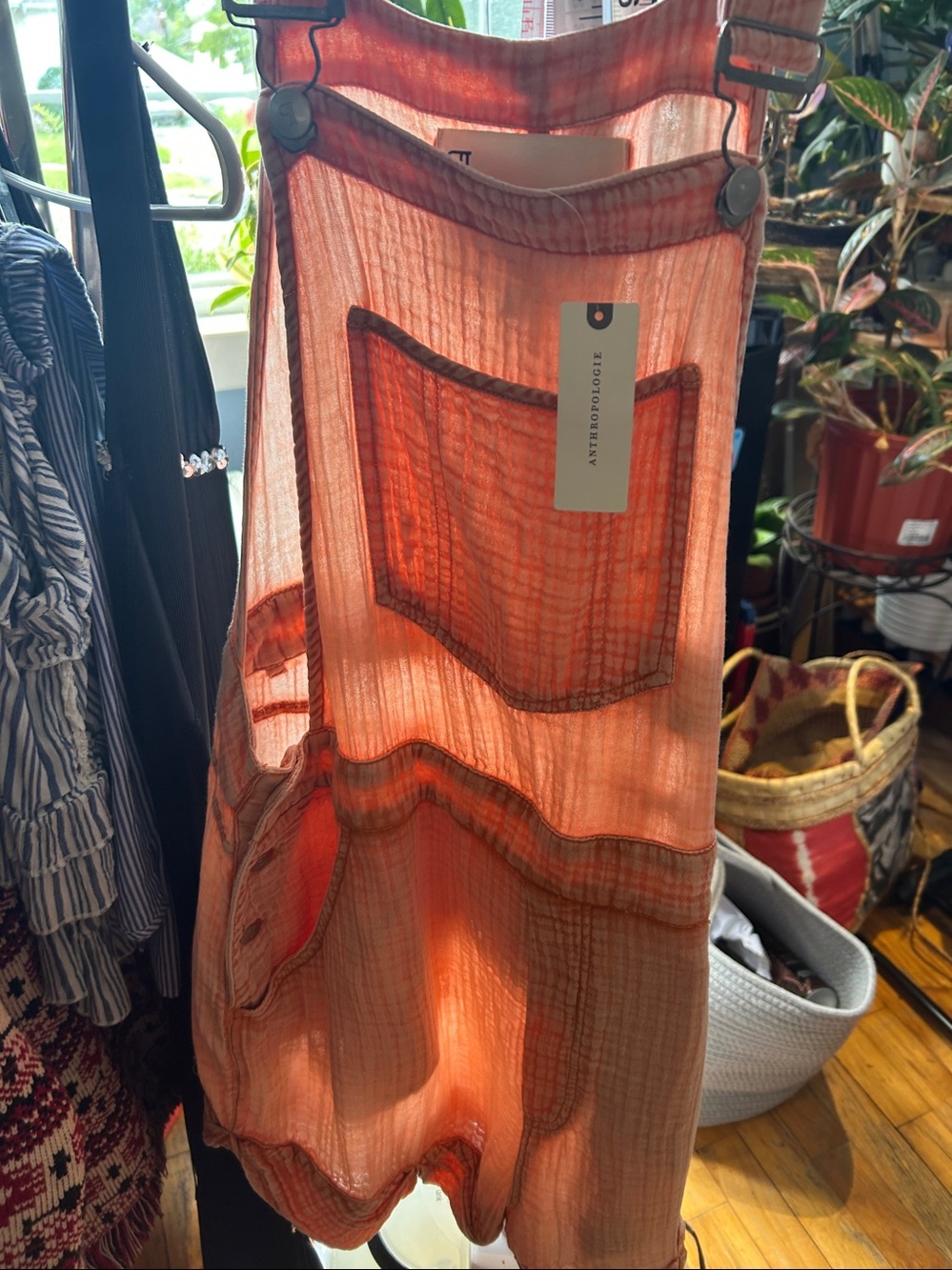 Anthropologie Sheer Rust-Orange Pocket Romper; as is